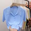 Women Summer Ice Silk Polo Collar Top Knitted Sweater T-shirt Top Unique Short-Sleeve Single-breasted Solid Color