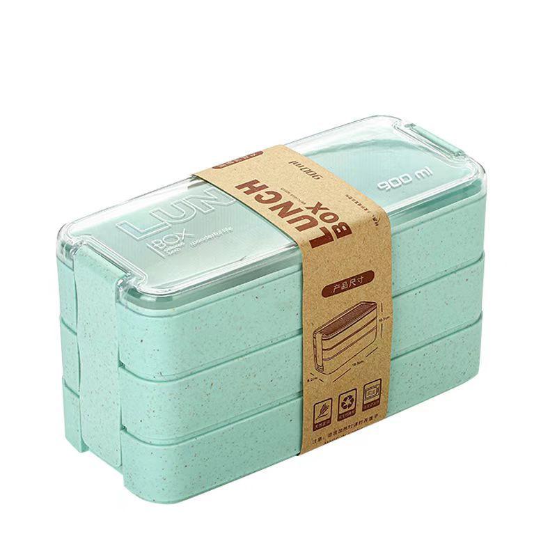 Bento Box for Adults, 3-In-1 Meal Prep Container, 900ML Lunch Box with Compartment, Wheat Straw, Leak-proof, Spoon & Fork