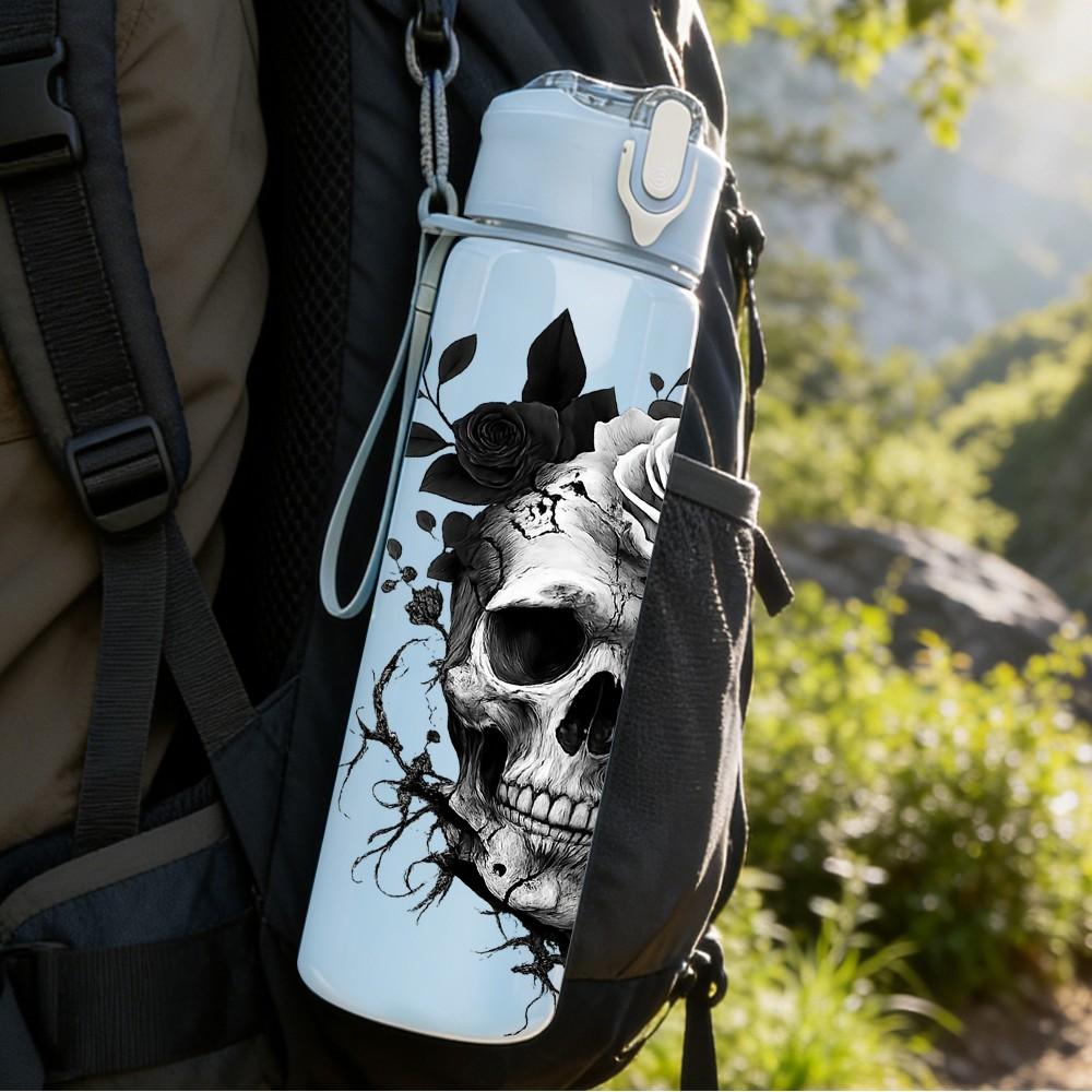 1PC Dark Rose Skull Art 750ml Color Plastic Sports Water Bottle Leakproof Flip Straw Lid Suitable for Sports Office Home Use