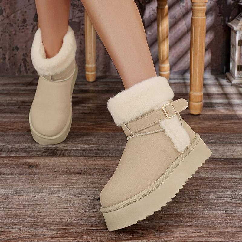 Soft Non Slip Thick Bottom Furry Snow Boots Women 2025 Winter Warm Fluffy Fur Ankle Boots with Platform Metal Buckle Plush Shoes
