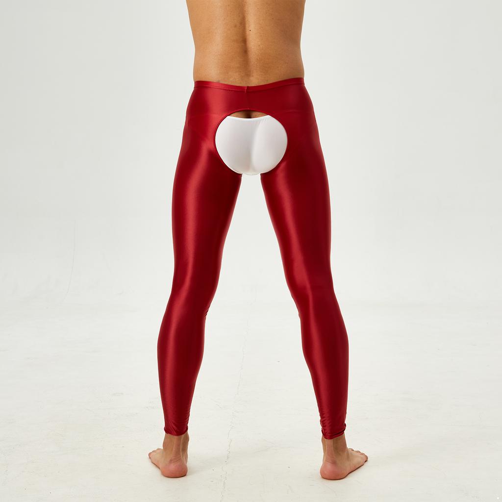 Mens Glossy Open Crotch Leggings Pants High Waist Slim Fit Tights Underwear Baselayer Pants for Nightclub Dance Wear