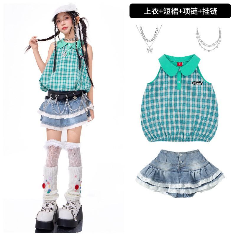Girls Hip Hop Dance Outfit Set Short Sleeve Top Denim Mini Skirt Jazz Performance Street Style