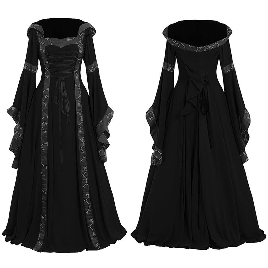 Women's Vintage Floor Length Gothic Cosplay Dress Women Fall Winter Gothic Retro Floral Print Ball Gowns Dress