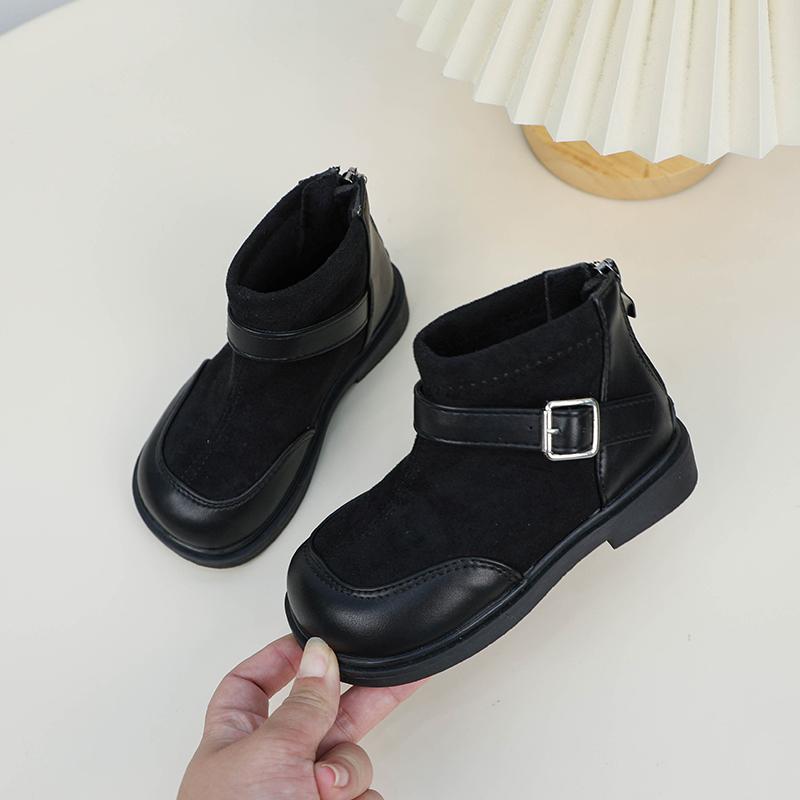 Новые зимние детские ботильоны, черные, в стиле пэчворк, модные хлопковые ботинки для девочек, нескользящие, короткие, универсальные, детские, повседневные, кожаные ботинки