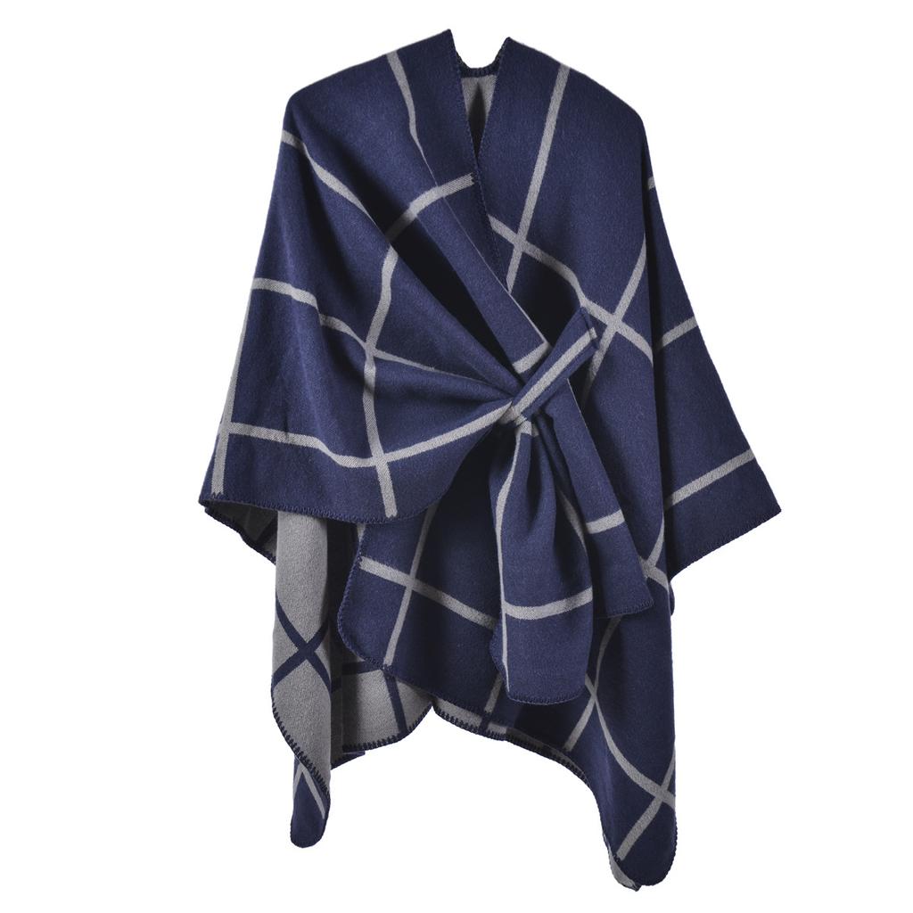 New Autumn and Winter Split-ended Warm Shawl European and American Classic Plaid Cloak with Straps and Cardigan