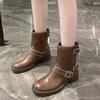 Модные осенне-зимние ретро-ковбойские сапоги для женщин на толстой подошве Mordern Botas, модные женские повседневные короткие сапоги с пряжкой и заклепками