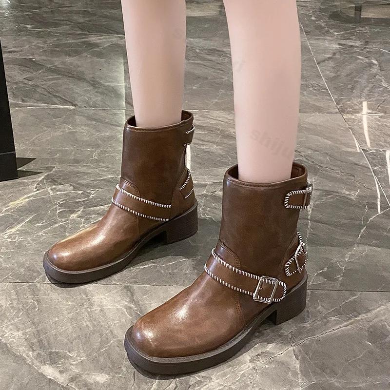 Модные осенне-зимние ретро-ковбойские сапоги для женщин на толстой подошве Mordern Botas, модные женские повседневные короткие сапоги с пряжкой и заклепками