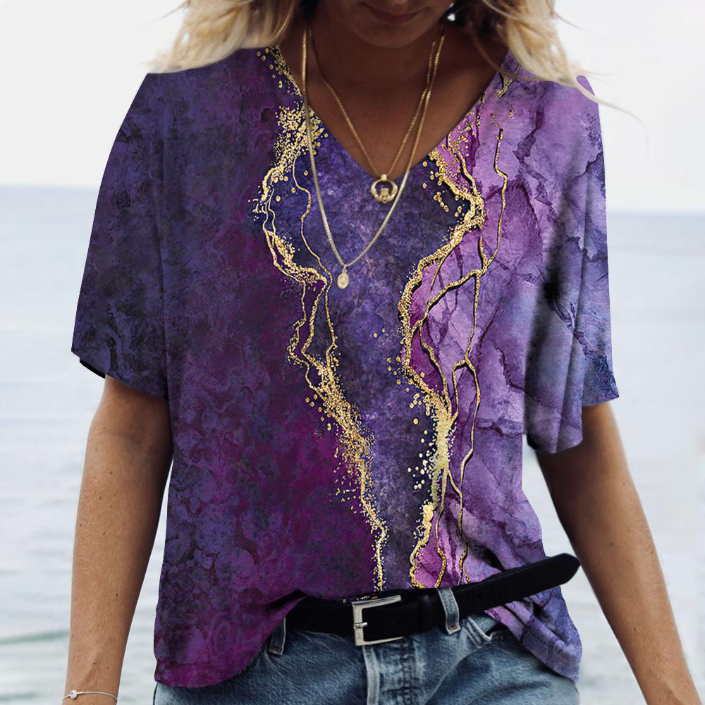 Летние женские футболки с 3D-принтом, градиентная футболка Harajuku, свободные футболки для женской одежды, новые топы с коротким рукавом и V-образным вырезом