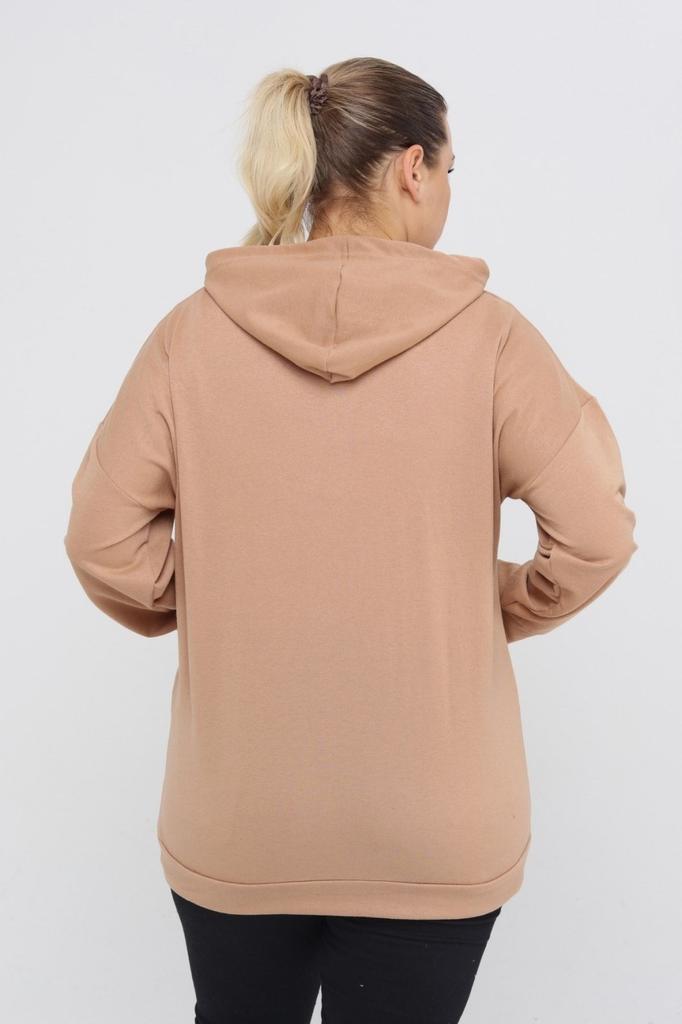 Women's Style Big Size Sweatshirt Large Size Hooded Kangaroo Pocket Lycra Button Detailed Long Hoodie Sweatshirt Green