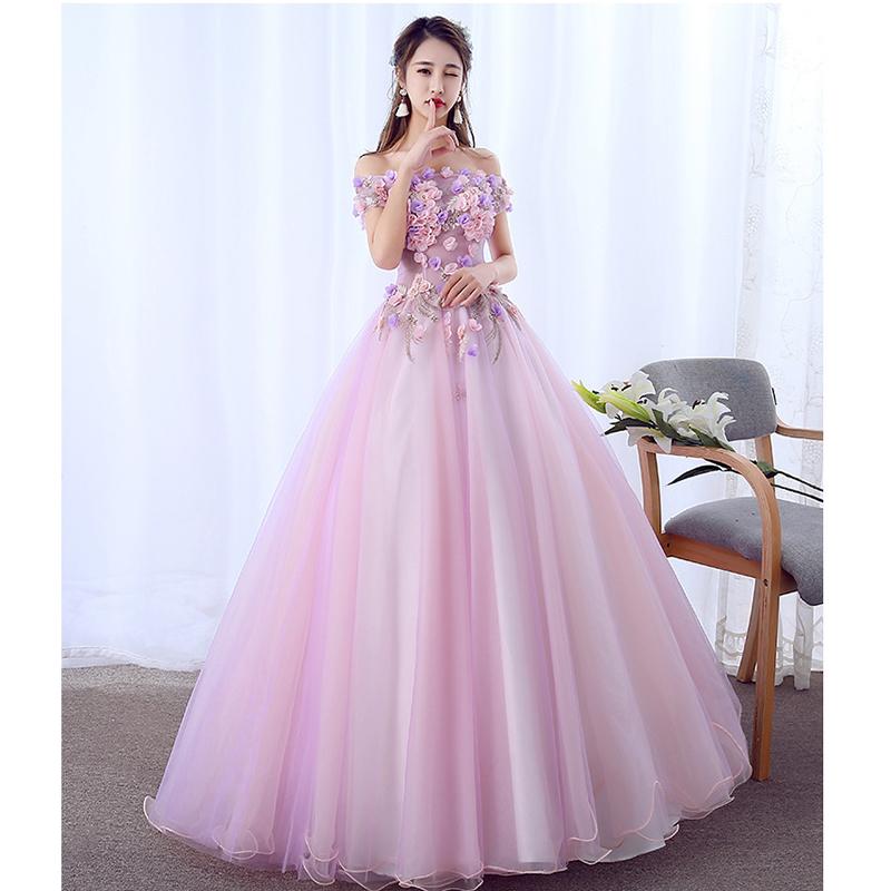 Wedding Party Dress Elegant Women Applique Lace Mesh Solid Color Big Swing Long Gown