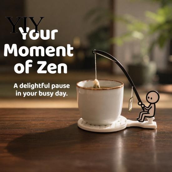 Tea Bag Holder for Glass Cup Fishing Man with Coaster, Cute Stick Figure Minimalist Anti-drip Coaster Holder, Funny Desk Drip Catcher, Novelty