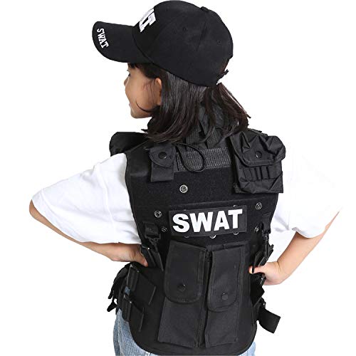 Halloween Costume Cosplay SWAT Vest Hat Costume Police Police Tactical Vest Military Army Cap 2 Piece Set Unisex Barsado Children's Men's (Vest + Hat)