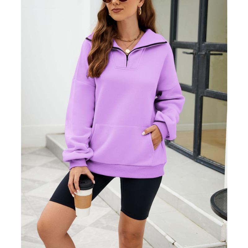 Осенне-зимняя однотонная женская свободная толстовка с воротником-стойкой на молнии