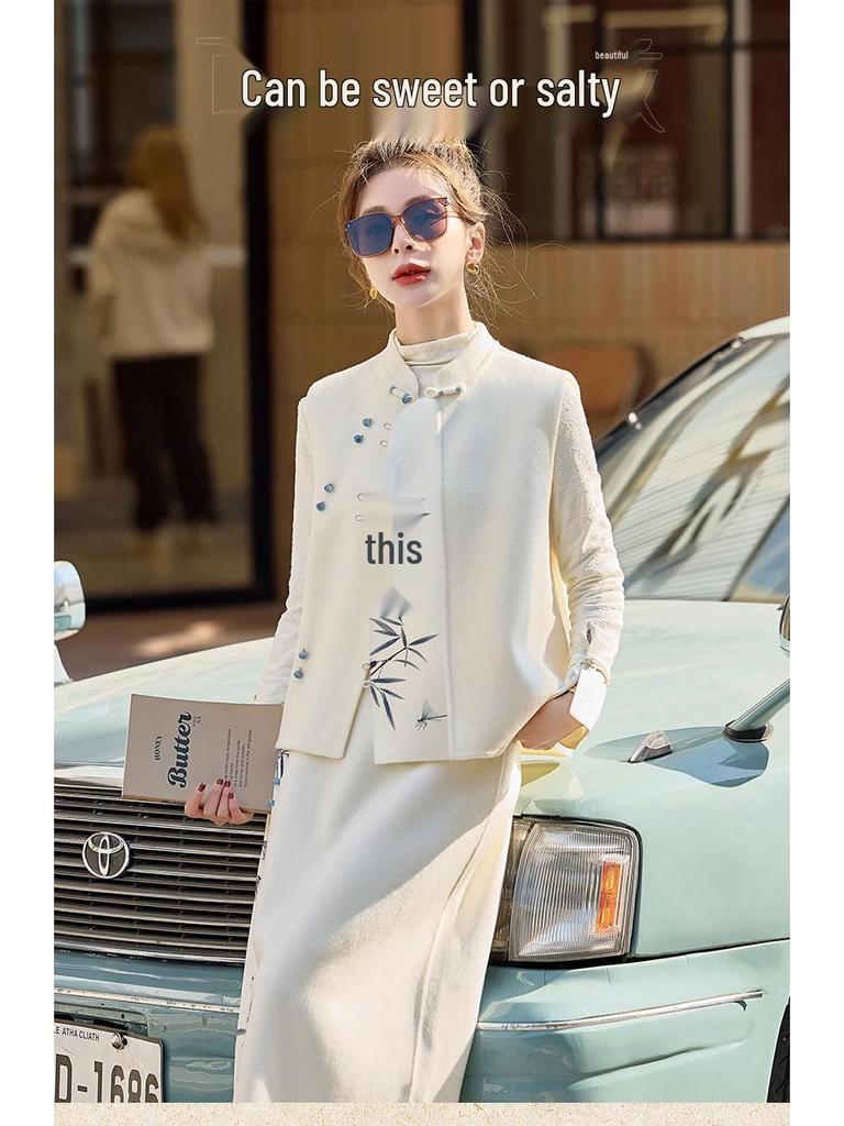 Весна 2025 Новый китайский стиль Жилет со стойкой и юбка-полусолнце Комплект из двух предметов Платье (ZM25201)