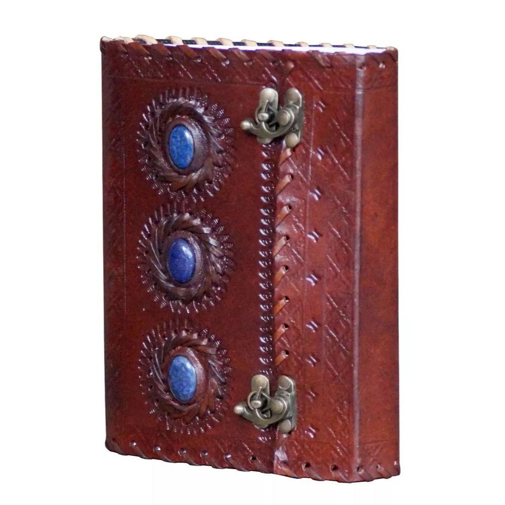 Винтажный кожаный журнал с тремя камнями лазурита, дневник в твердом переплете, скетчбук с замком