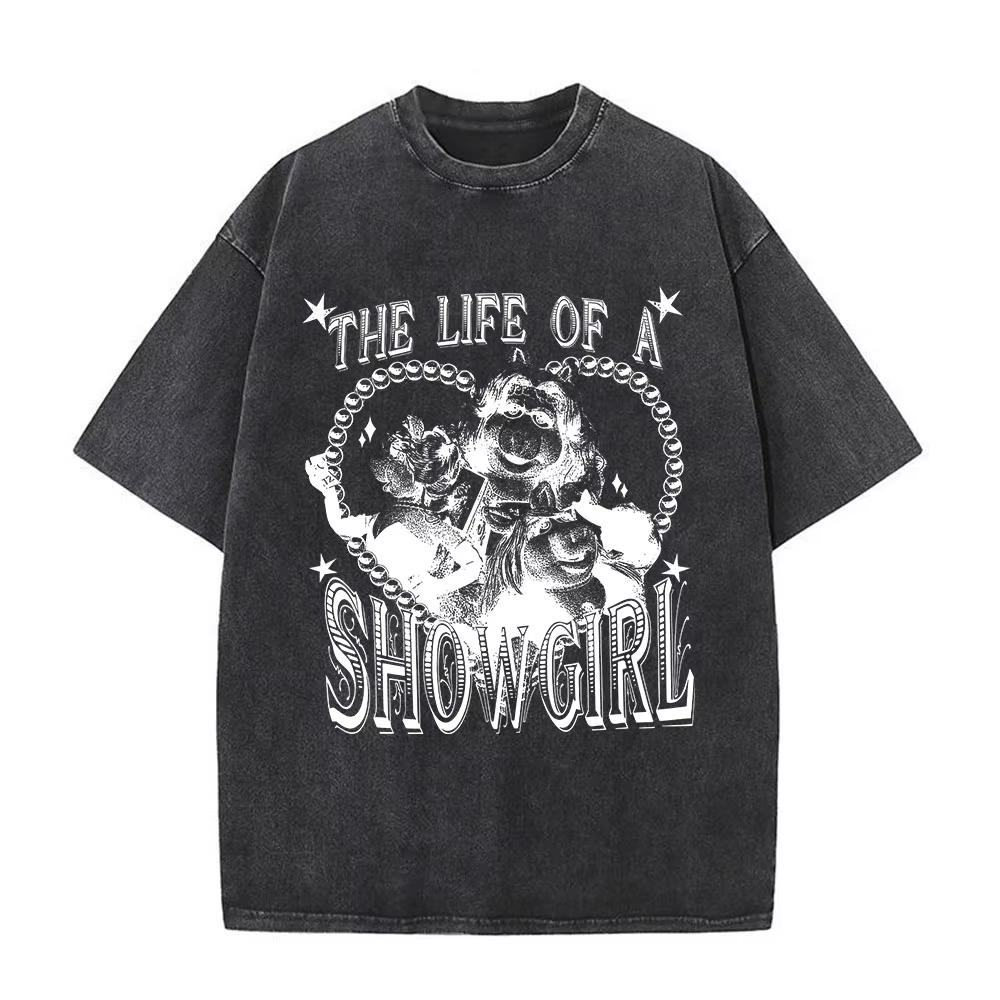 Альбом The Life of A Showgirl Мерч Футболки Подарки для фанатов Мужская Женская Одежда Винтажные Стиранный Хлопок Оверсайз Футболки с Коротким Рукавом