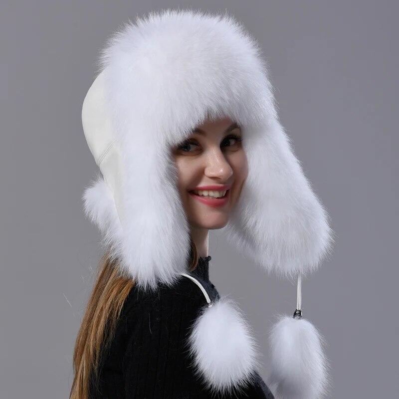 Шапка из натурального меха, женская теплая пушистая шапка-бомбер из натуральной лисы, шапка-ушанка из натуральной кожи, стильная ветрозащитная уличная зимняя шапка-ловушка
