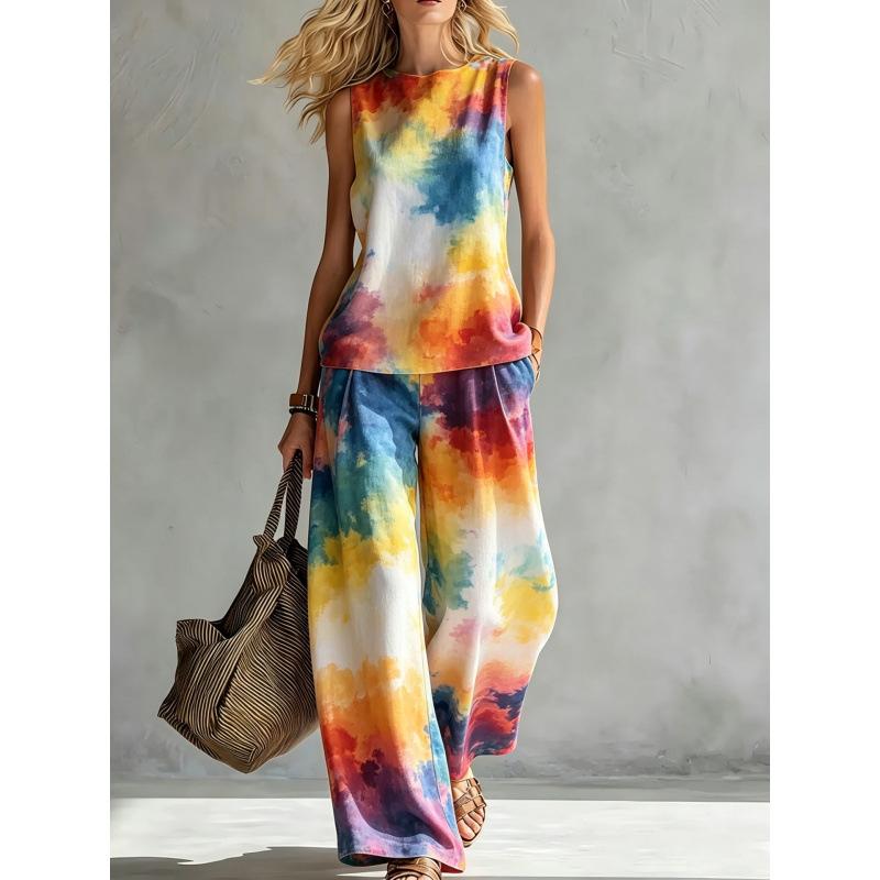Crew neck top wide leg pants two-piece set women's casual suit European and American summer new rainbow tie-dye sleeveless