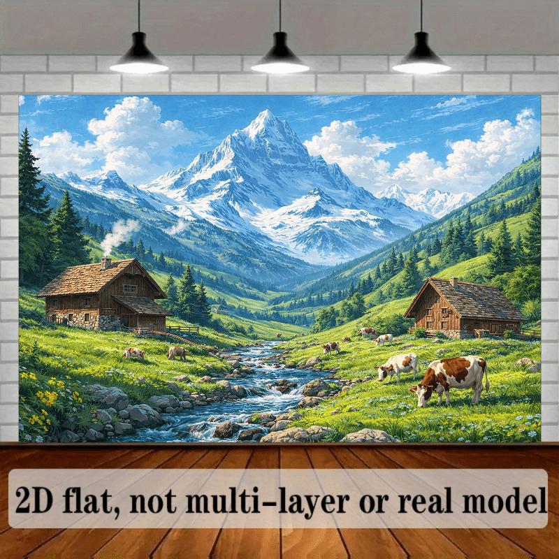2D Плоский, Альпийская Горная Долина Коровы Река Коттедж Пейзаж Гобелен Природа Пейзаж Настенное Искусство Декор Гостиной Мирный Фермерский Дом
