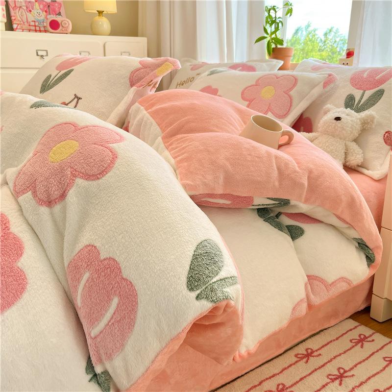 Snowflake Fleece Four-Piece Set, Thickened Milk Coral Fleece Quilt Cover, Double-Sided Fleece Quilt Cover, Bed Sheet, Bed Hat Three-Piece Set