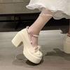High-heeled Mary Jane Small Leather Shoes Girl Spring 2025 New Fairy Style Bow Thick-soled Thick-heeled Pearl with Skirt