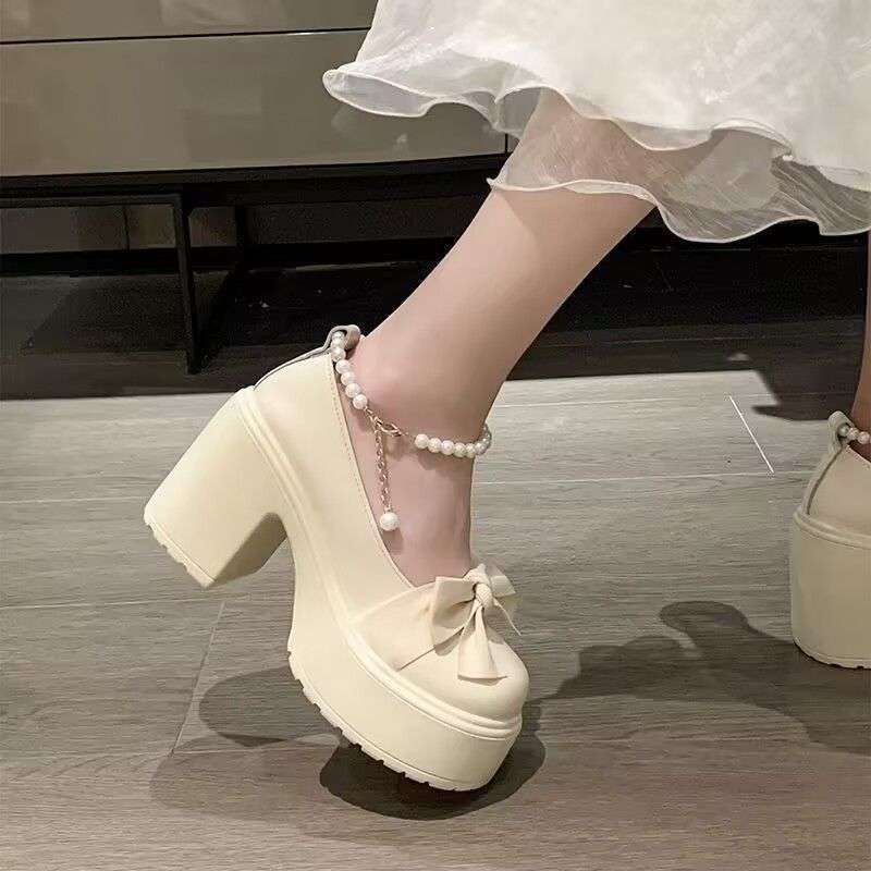 Mary Jane Shoes Women's Spring 2025 New Fashion High Heel Bow Platform Heel Pearl with Skirt Small Leather Shoes