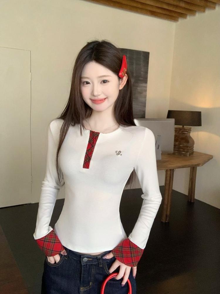 Корейские дизайнерские клетчатые футболки женские осенне-зимние лоскутные футболки с длинным рукавом винтажные топы с круглым вырезом в стиле 2000-х годов