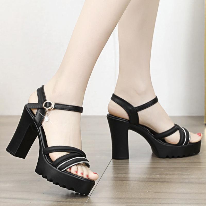 Сандалии на высоком каблуке, толстый каблук, водонепроницаемая платформа, универсальная, тонкий ремешок, летняя мягкая кожа, удобная и увеличивающая рост обувь
