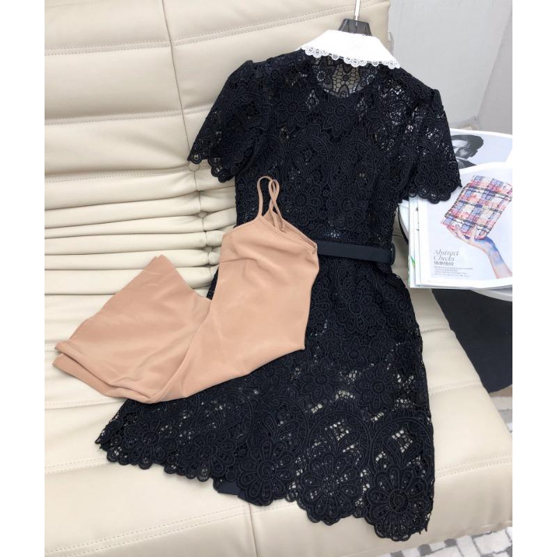 Летние женские кружевные платья с вырезами, воротником Питер Пэн на пуговицах, платья для вечеринок с коротким рукавом, женские халаты с поясами