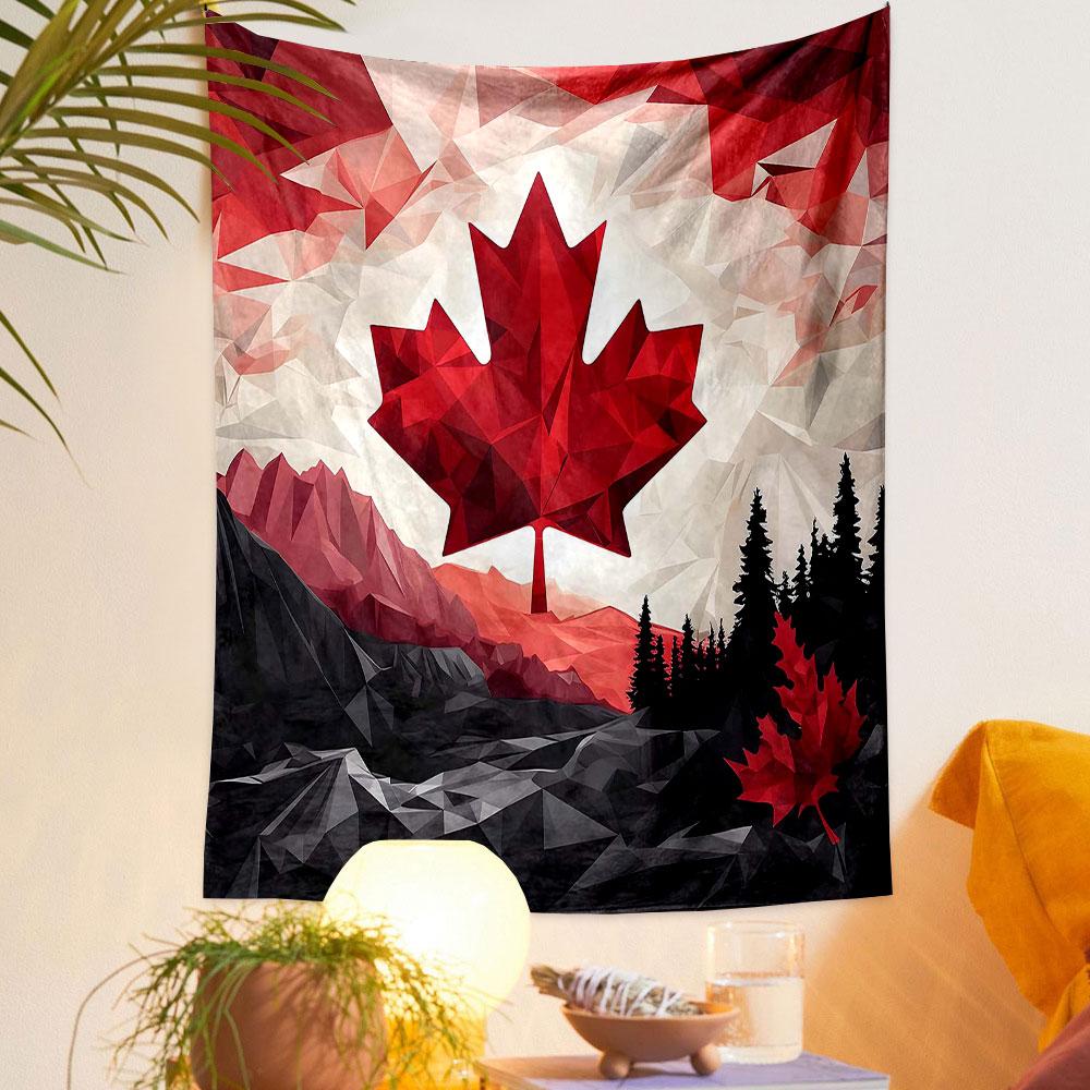 Geometric Red Maple Leaf Landscape Patterned Tapestry Decorative Wall Hanging, Home Bedroom Living Room Decor