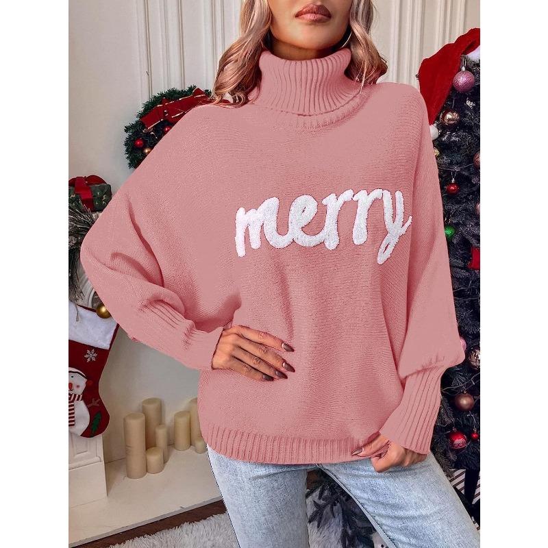 Autumn Winter High Collar Letter Patchwork Sweater Women Loose Casual Christmas Bottomed Knitting Pullover Top