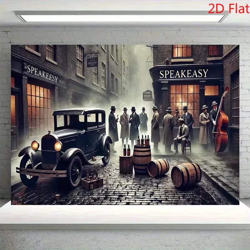 Двумерный фон для бара «Speakeasy», ретро-фон с гангстерской машиной 1920-х годов и бочкой виски для украшения вечеринки
