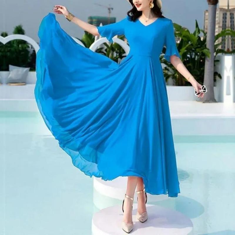 Летняя мода Новое корейское простое элегантное шифоновое платье средней длины Однотонное V-образный вырез Талия Молния Пэчворк Платья с рукавами-бабочками