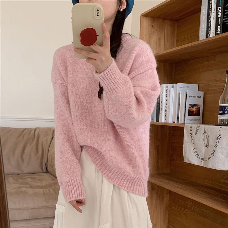 Женский осенне-зимний нежный пуловер с круглым вырезом, свободный вязаный джемпер