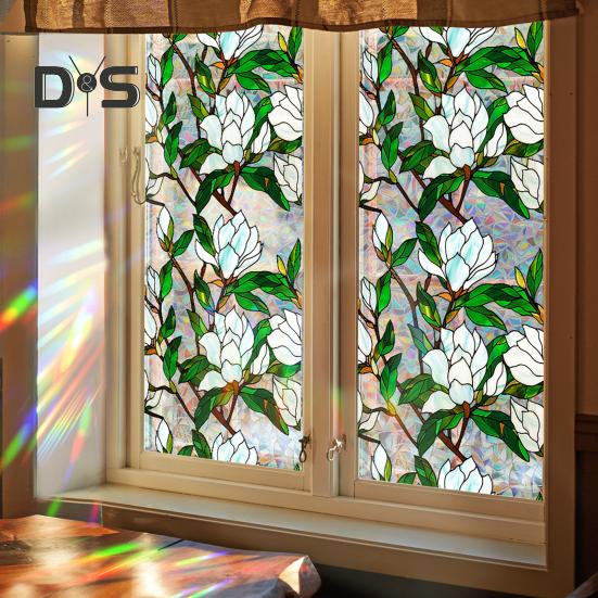 Privacy Film Window Doublesided Flower Stained Glass Rainbow Window Film Sun Blocking Static Covering Cling Sticker Pvc Window Door Decorative