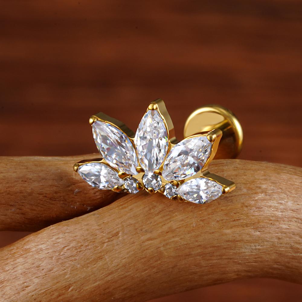 ASTM F136 Titanium 16G Marquise Lotus CZ Flower Flat Back Stud Labret Tragus Helix Cartilage Conch Earring Piercing