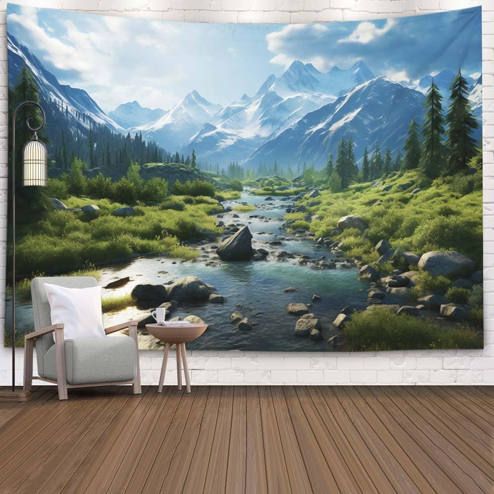 VIKAMA Blue Mist Pine Forest Natural Style Wall Art Hanging Cloth Forest Inspired Tapestry Bohemian Decorative Hanging Cloth