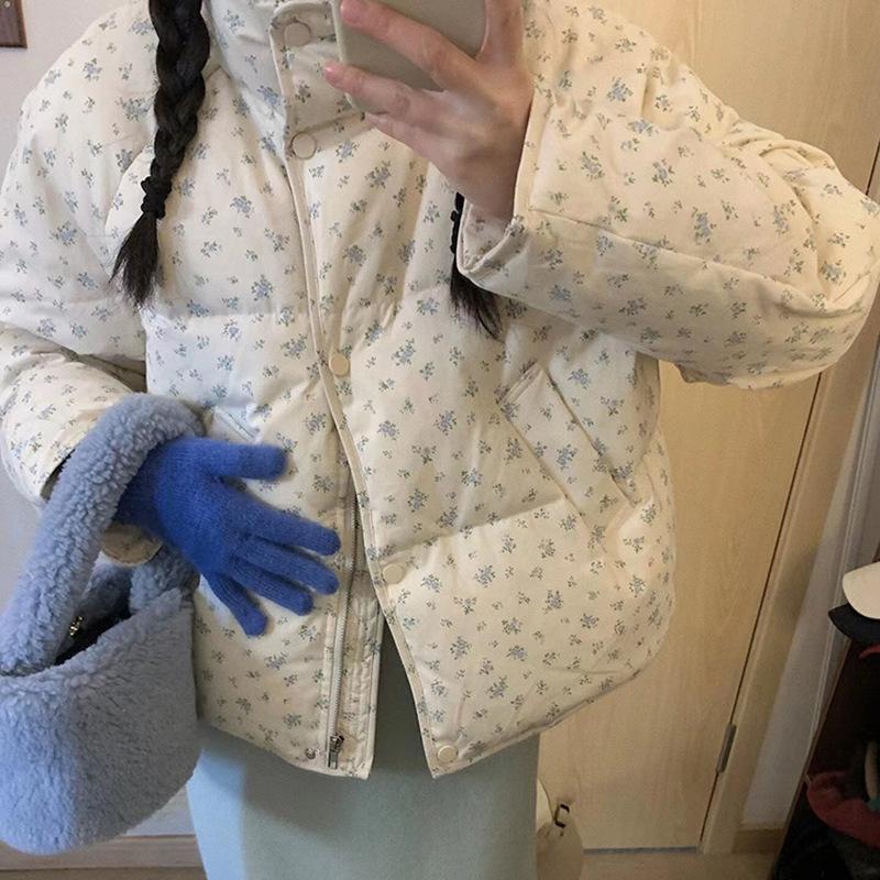 Короткая женская куртка-пуховик с цветочным принтом 2024 года, пасторальная, маленькая, белая, на пуху, куртка из утиного пуха