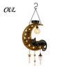 Garden Accessories for Flower Bed Solar Halloween Hanging Moon Cat Lamp with Ghost Star Charm, Black on Crescent Outdoor Metal Yard Art Decor