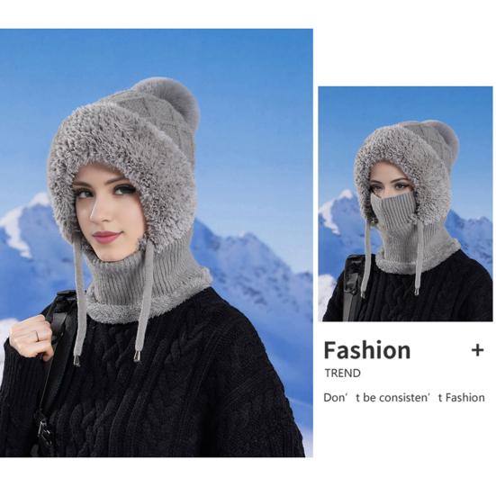 Women Winter Cycling Balaclava Hat with Integrated Scarf Thick Warm Stretchable Windproof
