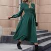 Women Autumn Winter Soild Elegant V-neck Lace Mid-Length High Waist Dress