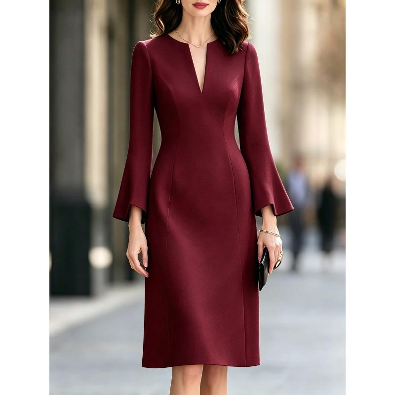 TIFICY Women's Fashion Spring Autumn Solid Color Print 3/4 Sleeves V-Neck High Waist Casual Dresses