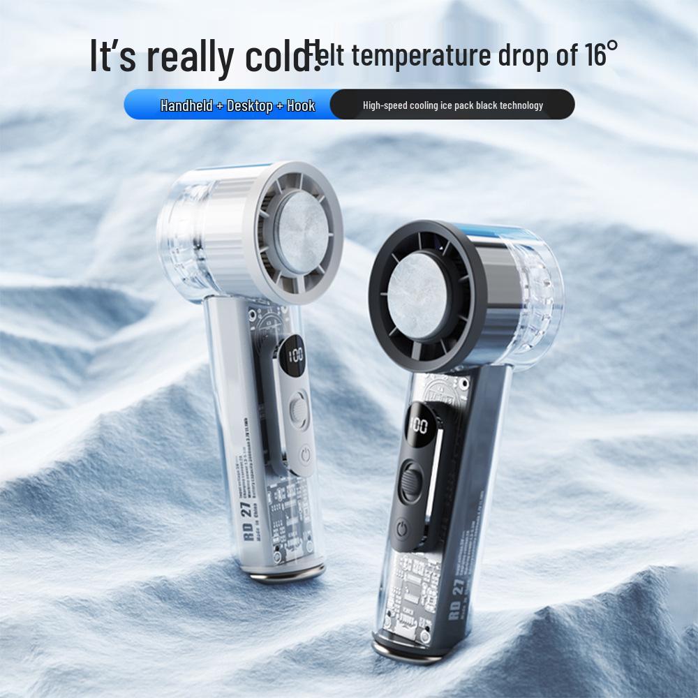 Ice Pack Handheld Turbo Fan - Compact High-Speed Steel Cooling with Transparent Design