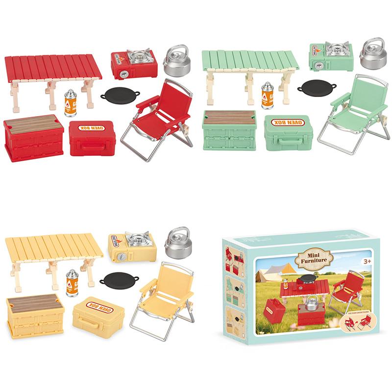 Simulation Mini Picnic Camping Set Dollhouse Outdoor Scene Decor Folding Tables Chair Stool Cassette Stoves Kid Pretend Play Toy