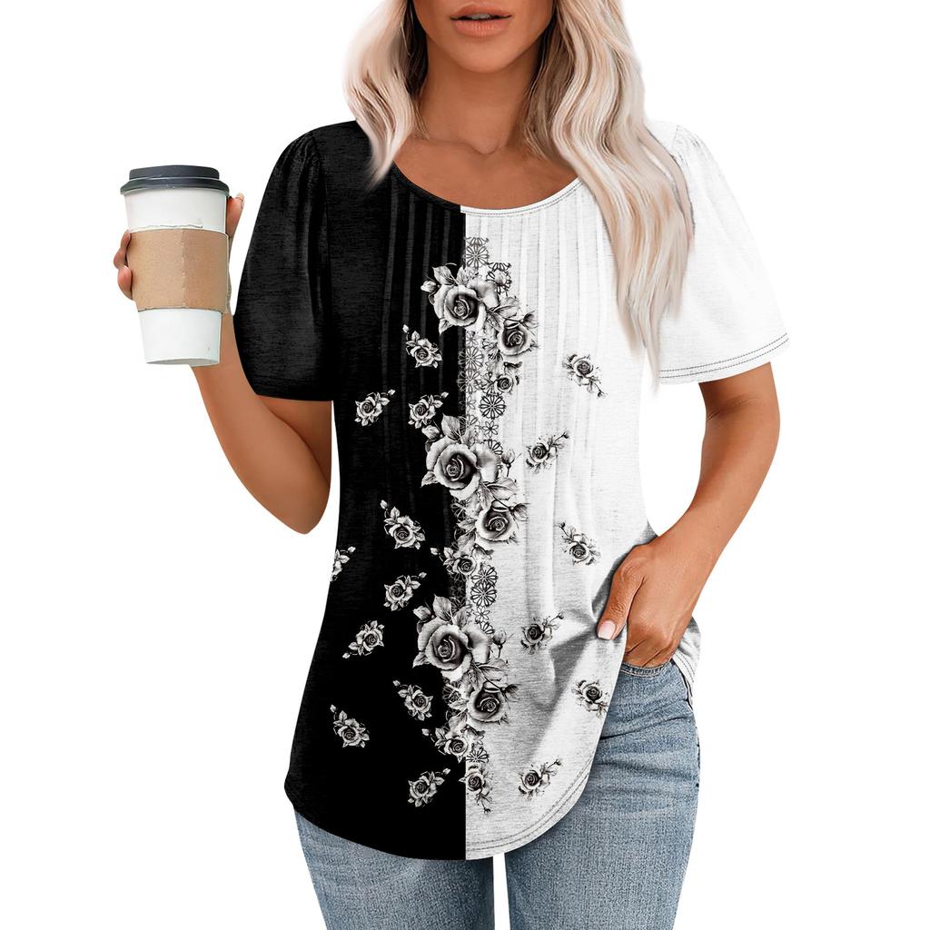 Women's Fashion Printed Casual Pleated Round Short Sleeve T-Shirt Top