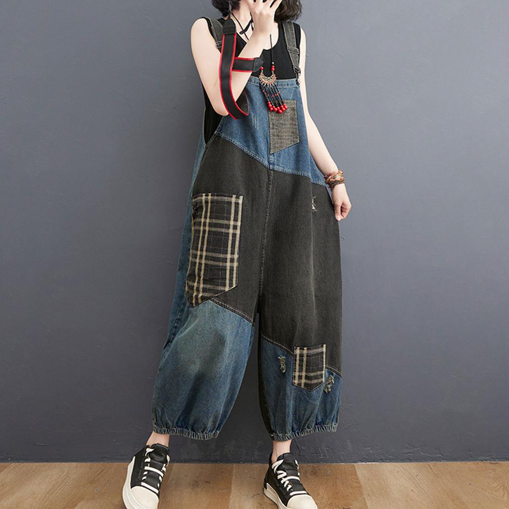 Женские модные джинсовые рюкзаки большого размера, свободные брюки с высокой талией в клетку, цельные широкие девятиминутные брюки