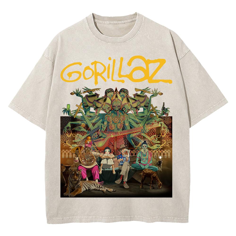 100% Хлопок Винтажная Стирка Gorillaz The Mountain Футболка Модная Мужская/Женская Эстетичная Ретро Оверсайз Свободная Кислотная Стирка Футболки