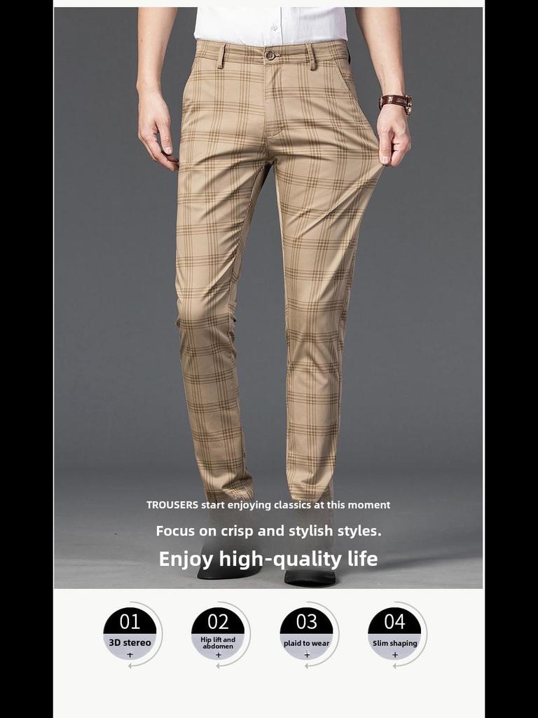 2021 Мужские весенние повседневные клетчатые эластичные узкие деловые брюки - молодежный модный тренд