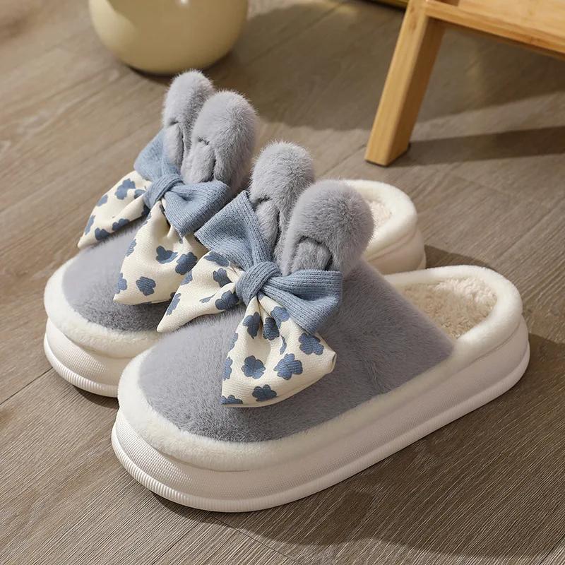 Fashion Women Winter Warm Indoor Bows Cotton Slippers Female Indoor Fluffy Cotton Shoes New Couple Plush Comfort Soft Sole House Slides
