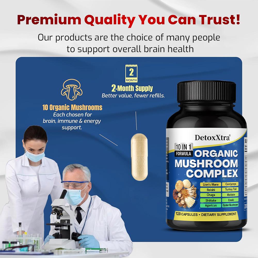 Mushroom supplements: Hericium erinaceus, Cordyceps sinensis, Ganoderma lucidum, brain capsules, 120 capsules